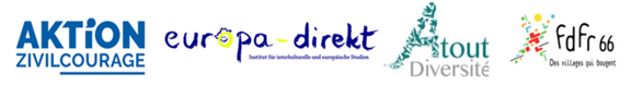 KI generiert: Das Bild zeigt die Logos von verschiedenen Organisationen, darunter "Aktion Zivilcourage," "Europa-direkt," "Atout Diversité," und "FdF 66." Diese Organisationen scheinen sich mit Themen wie Zivilcourage, europäische Zusammenarbeit und Diversität zu beschäftigen.