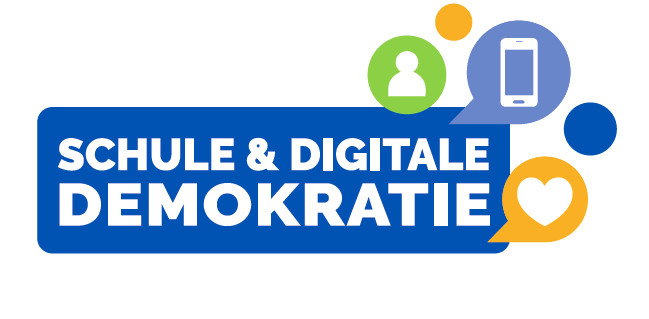 KI generiert: Das Bild zeigt ein Logo mit dem Titel "Schule & Digitale Demokratie". Es enthält Symbole für digitale Kommunikation und Interaktion wie ein Smartphone und ein Herz.