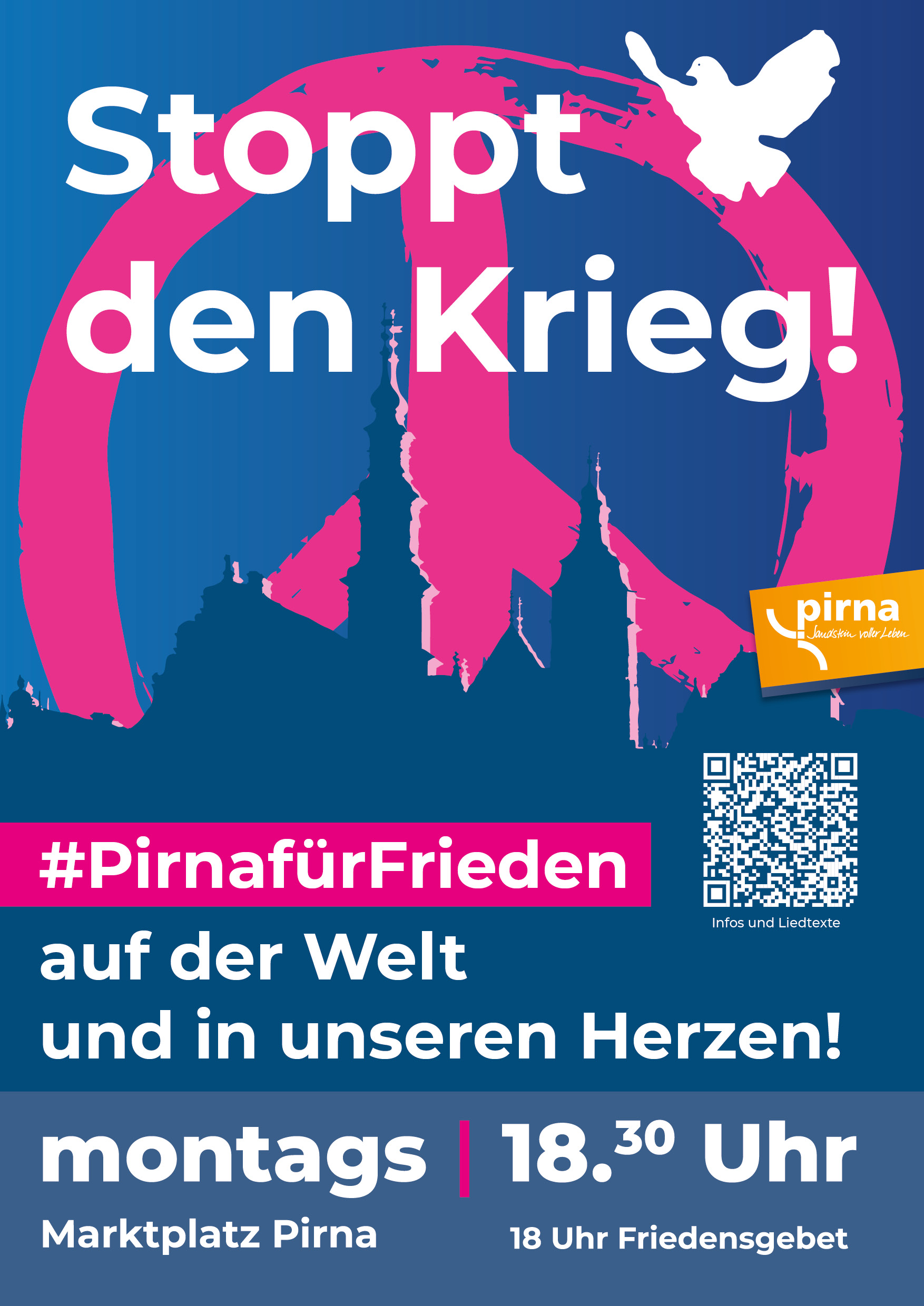 KI generiert: Das Bild ist ein Poster für eine Friedensveranstaltung in Pirna mit der Botschaft "Stoppt den Krieg" und einem Friedenssymbol im Hintergrund. Es ruft zu Treffen montags um 18:30 Uhr auf dem Marktplatz Pirna auf.