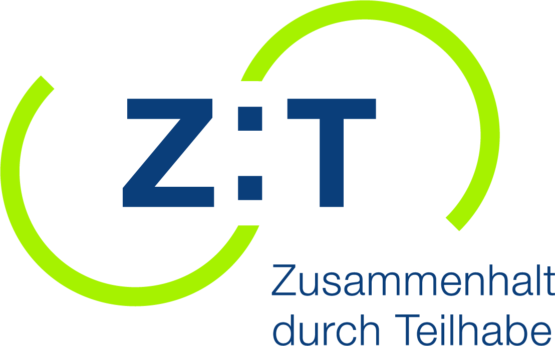 KI generiert: Das Bild zeigt ein Logo mit den Buchstaben "Z:T", begleitet von dem Slogan "Zusammenhalt durch Teilhabe". Hauptinhalt ist die grafische Darstellung von Zusammenarbeit und Gemeinschaft.