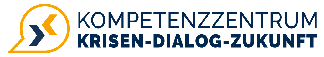 KI generiert: Das Bild zeigt das Logo des "Kompetenzzentrums Krisen-Dialog-Zukunft". Es besteht aus einem stilisierten Symbol und dem schriftlichen Namen des Zentrums in blauen und gelben Farben.