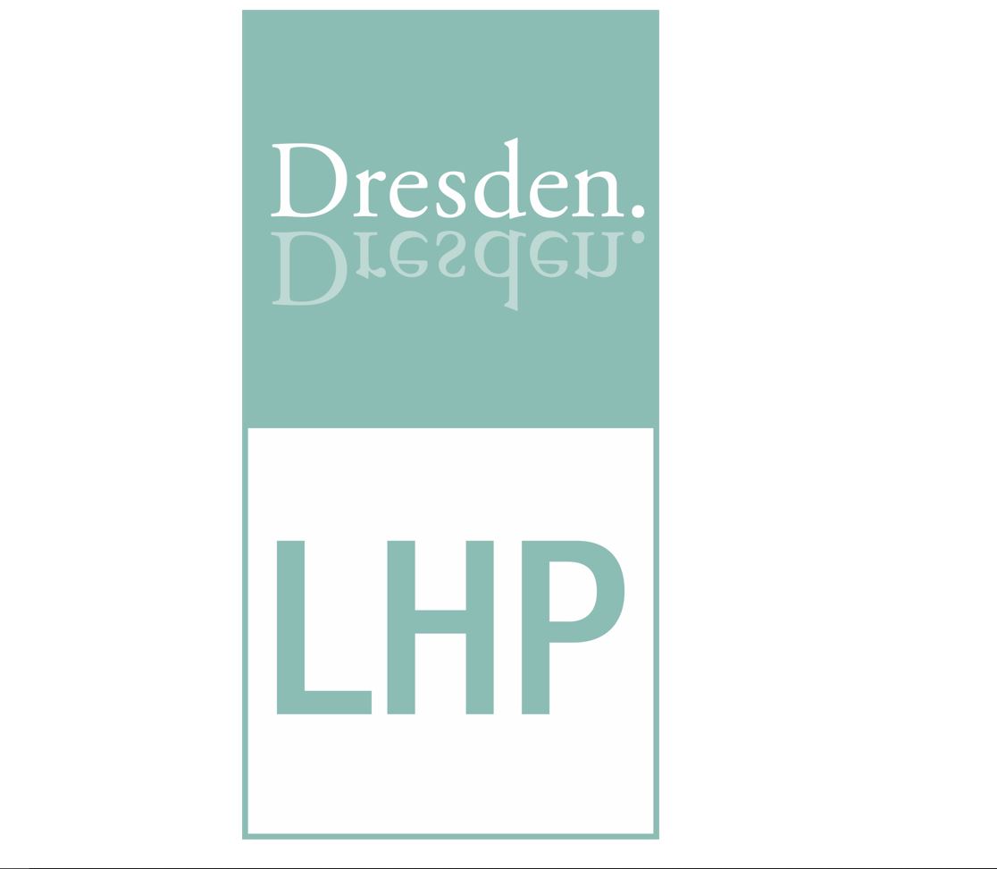 KI generiert: Das Bild zeigt ein Logo mit dem Wort "Dresden" und den Buchstaben "LHP" in einem zweifarbigen Design. Der Text "Dresden" reflektiert sich oberhalb in einem zartgrünen Hintergrund.