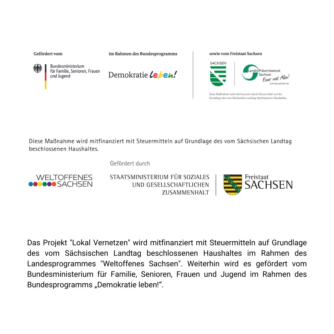KI generiert: Das Bild zeigt die Förderlogos für ein Projekt, das durch das Bundesministerium für Familie, Senioren, Frauen und Jugend sowie den Freistaat Sachsen im Rahmen verschiedener Programme unterstützt wird. Es wird betont, dass die Finanzierung auf Steuerleistungen basiert, die vom Sächsischen Landtag beschlossen wurden.