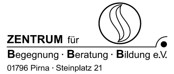 KI generiert: Das Bild zeigt das Logo und die Adresse eines Zentrums, das sich mit Begegnung, Beratung und Bildung befasst, mit dem Standort in Pirna. Der Name des Zentrums wird durch ein grafisches Symbol begleitet.