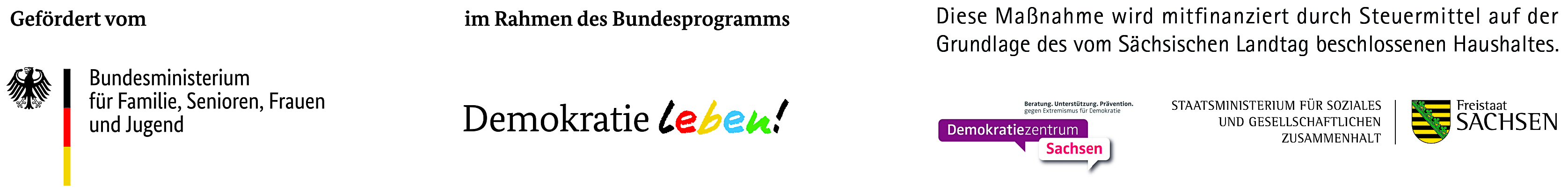 KI generiert: Das Bild zeigt Logos und Texte von verschiedenen deutschen Regierungsprogrammen und Institutionen, die sich mit der Förderung von Demokratie und sozialem Zusammenhalt befassen. Hauptinhalt ist die finanzielle Unterstützung durch das Bundesministerium für Familie, Senioren, Frauen und Jugend sowie das Sächsische Staatsministerium für Soziales und Gesellschaftlichen Zusammenhalt.