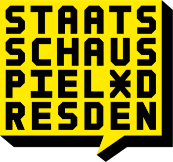 KI generiert: Das Bild zeigt das Logo des Staatsschauspiels Dresden in einer gelben Sprechblase auf schwarzem Hintergrund. Der Text "Staatsschauspiel Dresden" ist in markanten, schwarzen Blockbuchstaben dargestellt.