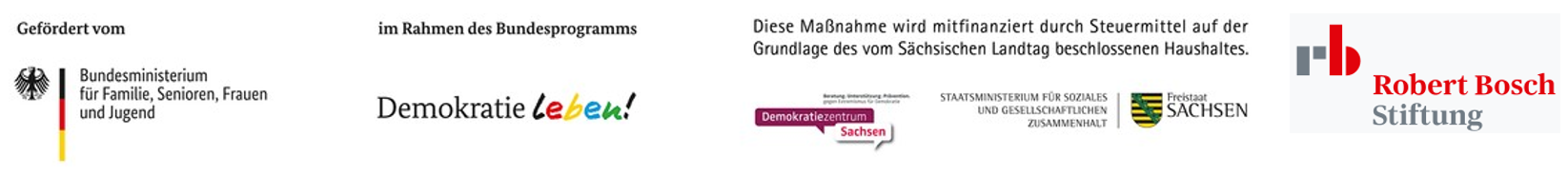 KI generiert: Das Bild zeigt eine Reihe von Logos und Text, die verschiedene Organisationen und Programme darstellen, darunter das Bundesministerium für Familie, Senioren, Frauen und Jugend, das Programm "Demokratie leben!" und die Robert Bosch Stiftung. Es thematisiert die Förderung von Demokratie und gesellschaftlichem Zusammenhalt.