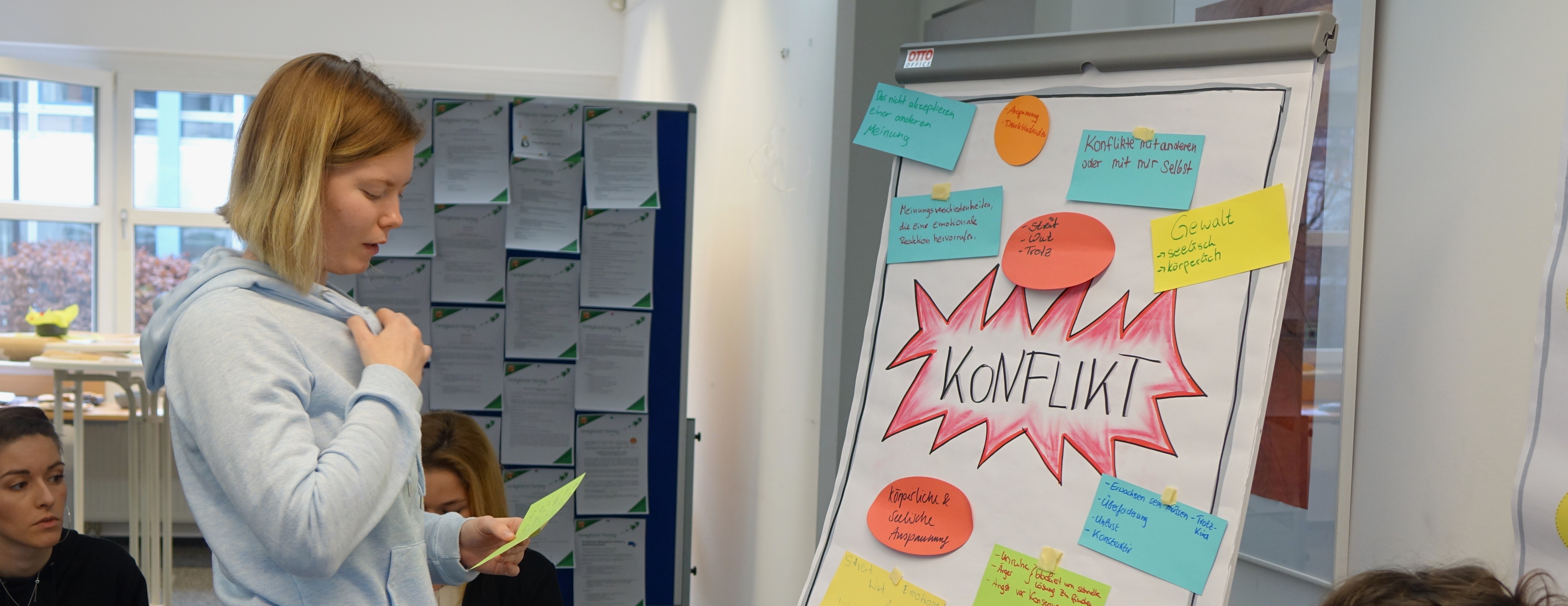 KI generiert: Eine Person präsentiert Informationen zu "Konflikt" auf einem Flipchart mit farbigen Notizen und Schlagwörtern. Im Hintergrund sind mehrere Personen an einem Seminarraumtisch zu sehen.