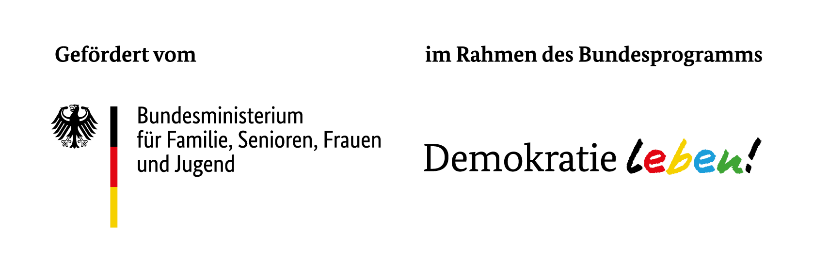 KI generiert: Das Bild zeigt das Logo des Bundesministeriums für Familie, Senioren, Frauen und Jugend zusammen mit dem Schriftzug "im Rahmen des Bundesprogramms" und dem bunten Logo von "Demokratie leben!".