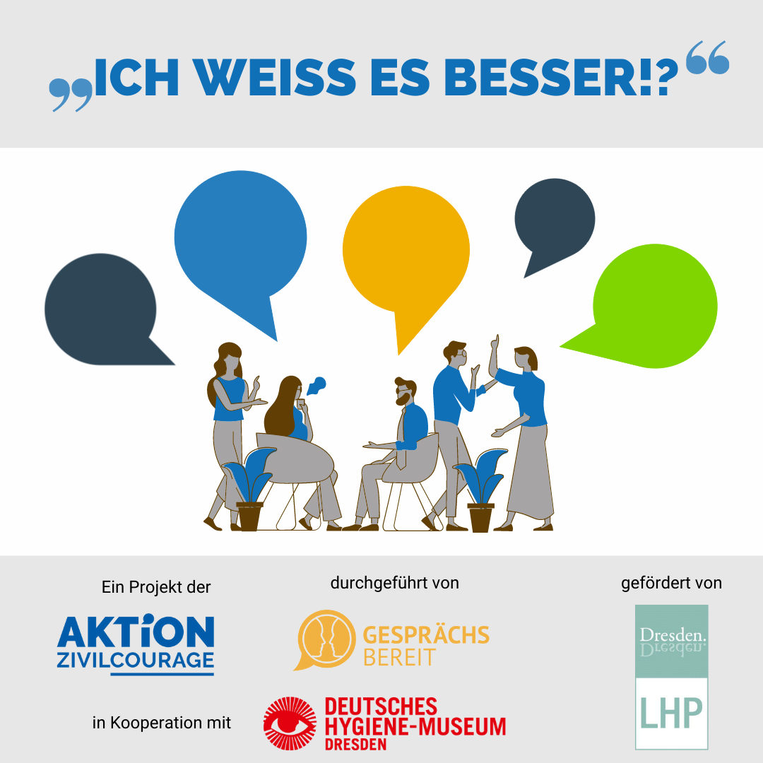 KI generiert: Das Bild zeigt eine Gruppe von Menschen, die miteinander sprechen und von bunten Sprechblasen umgeben sind. Es ist Teil eines Projekts zur Förderung von Zivilcourage und Dialog, unterstützt von mehreren Organisationen.