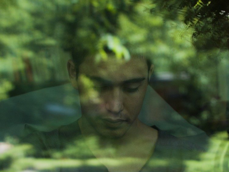 KI generiert: Das Bild zeigt eine Person hinter einer Glasscheibe, mit einer Spiegelung von Bäumen und Blättern darauf. Die Person wirkt nachdenklich und die Natur spiegelt sich eindrucksvoll im Glas wider.