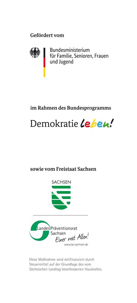 KI generiert: Das Bild zeigt Förderhinweise verschiedener Institutionen, darunter das Bundesministerium für Familie, Senioren, Frauen und Jugend, das Programm "Demokratie leben!" sowie den Freistaat Sachsen. Es hebt die Unterstützung dieser Programme und Institutionen hervor.
