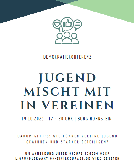 KI generiert: Das Bild ist ein Flyer für eine Demokratiekonferenz zum Thema "Jugend mischt mit in Vereinen", die am 19.10.2023 in der Burg Hohnstein stattfindet. Es wird diskutiert, wie Vereine Jugendliche gewinnen und stärker beteiligen können.