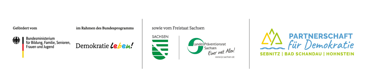 KI generiert: Das Bild zeigt Logos und Schriftzüge von verschiedenen Organisationen und Programmen, die sich für Demokratie und Prävention engagieren, darunter das Bundesministerium für Bildung und das Programm "Demokratie leben!". Zudem sind regionale Partnerschaften und Initiativen aus Sachsen vertreten.