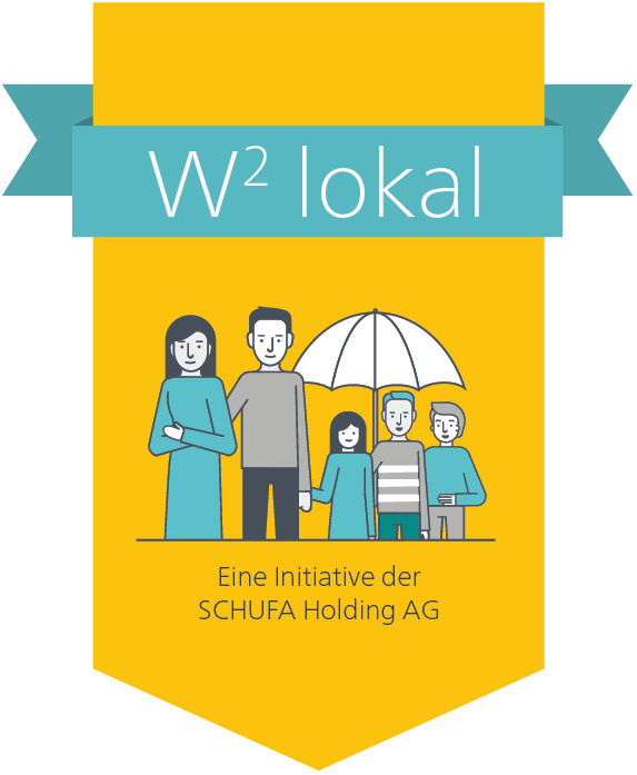 KI generiert: Ein stilisiertes Bild zeigt eine Gruppe von fünf Personen, die zusammen ein Regenschirm-Symbol halten, mit dem Titel "W² lokal" und dem Hinweis auf eine Initiative der SCHUFA Holding AG. Das Bild hat einen gelben Hintergrund und soll vermutlich Gemeinschaft oder Schutz symbolisieren.