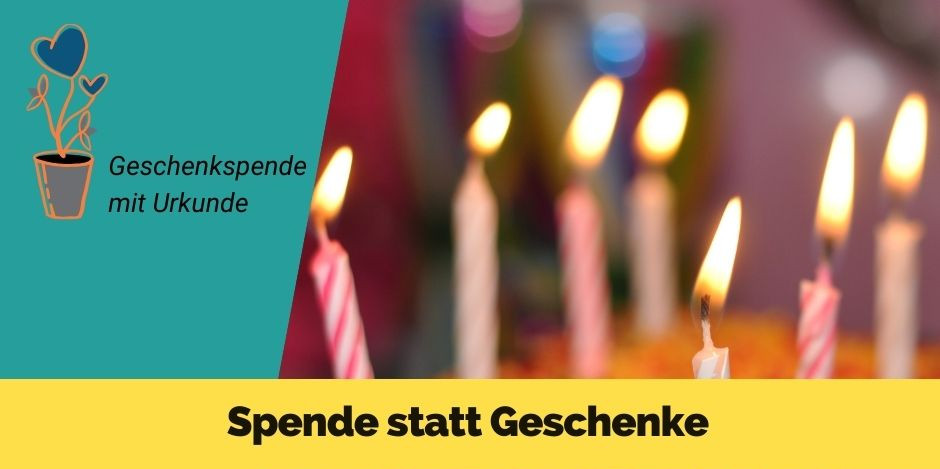 KI generiert: Das Bild zeigt brennende Geburtstagkerzen vor einem verschwommenen Hintergrund und wirbt für "Geschenkspenden mit Urkunde" als alternative Geste zu herkömmlichen Geschenken. Der Slogan "Spende statt Geschenke" wird hervorgehoben.