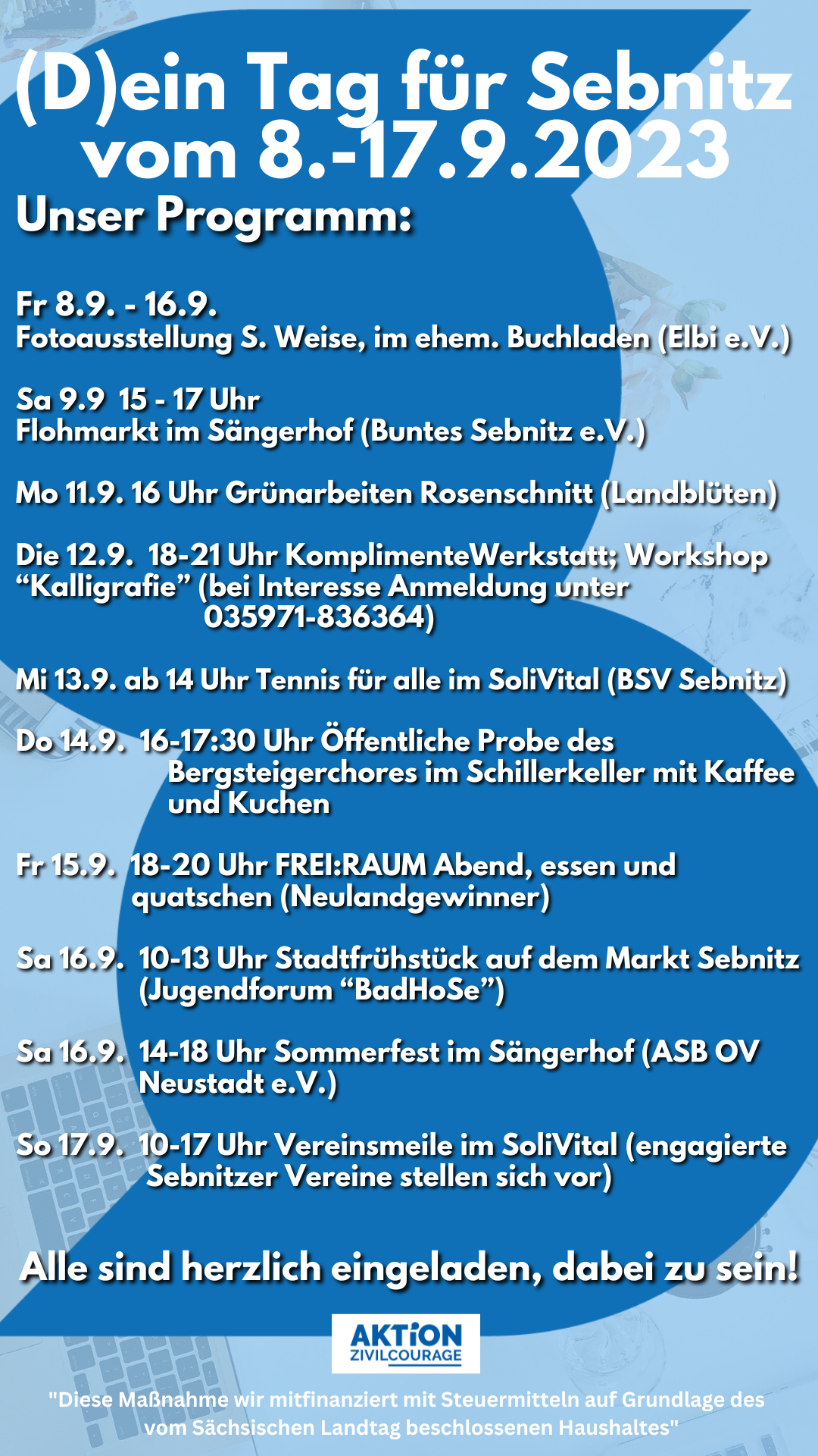 KI generiert: Das Bild zeigt das Programm der Veranstaltung "(D)ein Tag für Sebnitz" vom 8. bis 17. September 2023 mit verschiedenen Aktivitäten wie einer Fotoausstellung, einem Flohmarkt, Workshops und mehr. Alle Interessierten sind eingeladen, teilzunehmen.