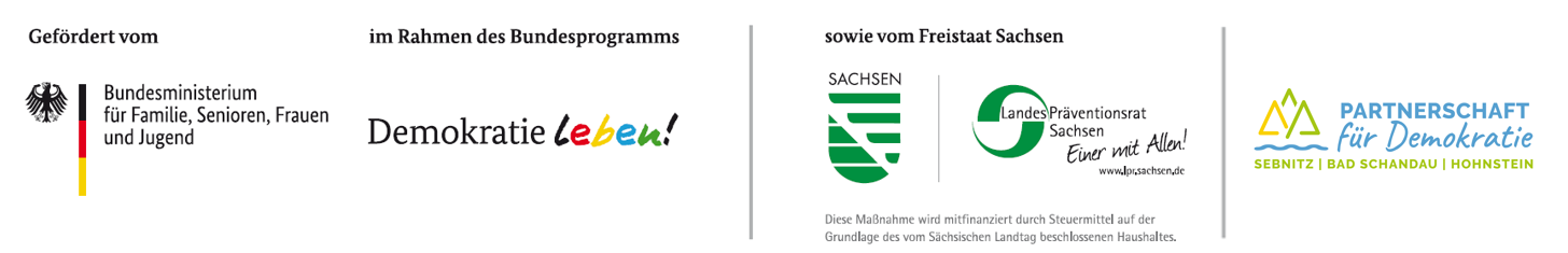 KI generiert: Das Bild zeigt Logos und Text von Förderprogrammen in Deutschland, darunter das Bundesministerium für Familie, Senioren, Frauen und Jugend sowie das Programm "Demokratie leben!". Es bezieht sich auf Fördermaßnahmen im Freistaat Sachsen.