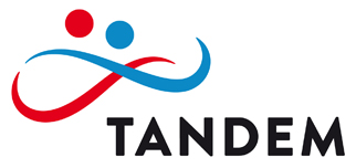 KI generiert: Das Bild zeigt ein Logo mit einer blauen und roten Schleifenform, die zwei stilisierte Figuren darstellt, und darunter steht der Schriftzug "TANDEM".