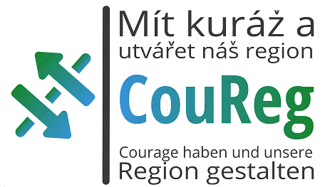 KI generiert: Das Bild zeigt ein Logo mit dem Text "Mít kuráž a utvářet náš region" auf Tschechisch und "Courage haben und unsere Region gestalten" auf Deutsch, sowie grafische Pfeile. Der Hauptinhalt ist die Betonung auf Mut und Gestaltungskraft in der regionalen Entwicklung.