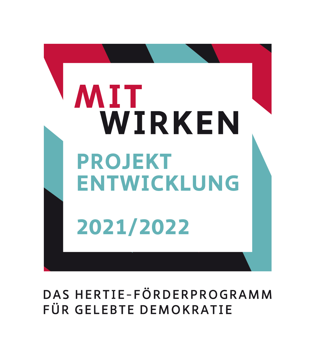 KI generiert: Das Bild ist ein Logo für ein Programm zur Projektentwicklung namens "MITWIRKEN" von 2021/2022, gefördert von der Hertie-Stiftung zur Unterstützung gelebter Demokratie.