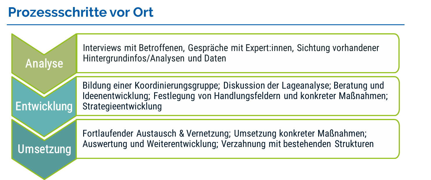 KI generiert: Das Bild zeigt einen Ablaufplan mit den drei Prozessschritten Analyse, Entwicklung und Umsetzung. Jeder Schritt beinhaltet spezifische Aktivitäten wie Interviews, Koordinierungsgruppenbildung und Maßnahmendurchführung.