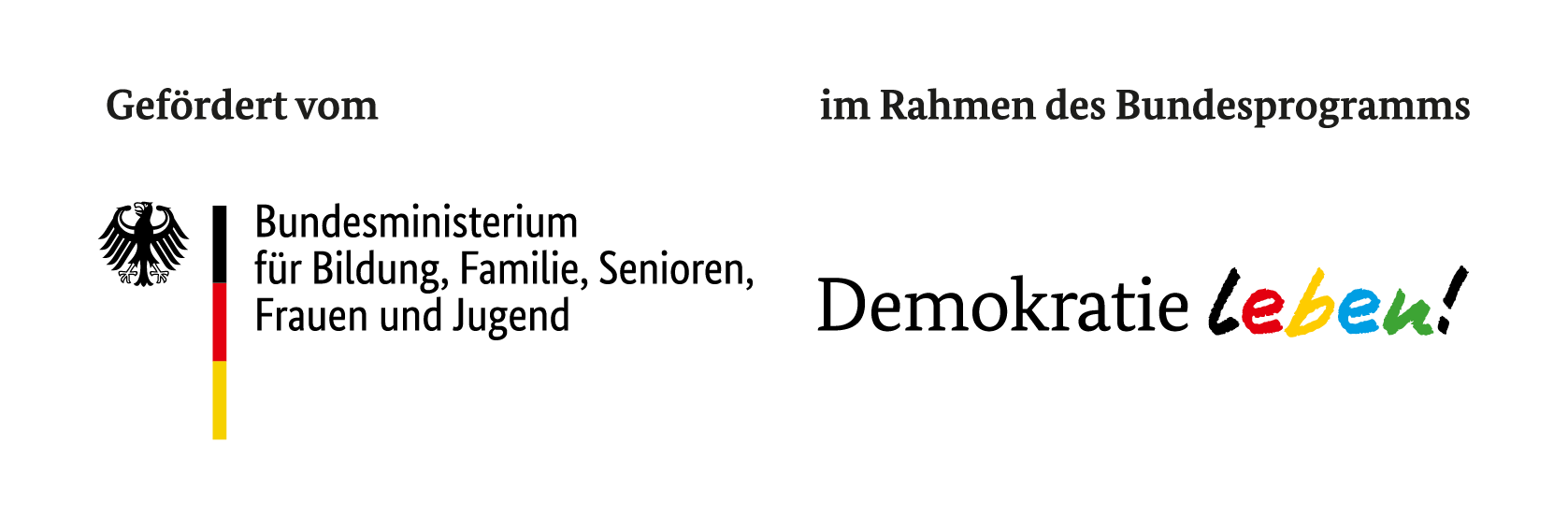 KI generiert: Das Bild zeigt das Logo des Bundesprogramms "Demokratie leben!" und das Wappen des Bundesministeriums für Bildung, Familie, Senioren, Frauen und Jugend. Es wird darauf hingewiesen, dass das Programm vom genannten Ministerium gefördert wird.