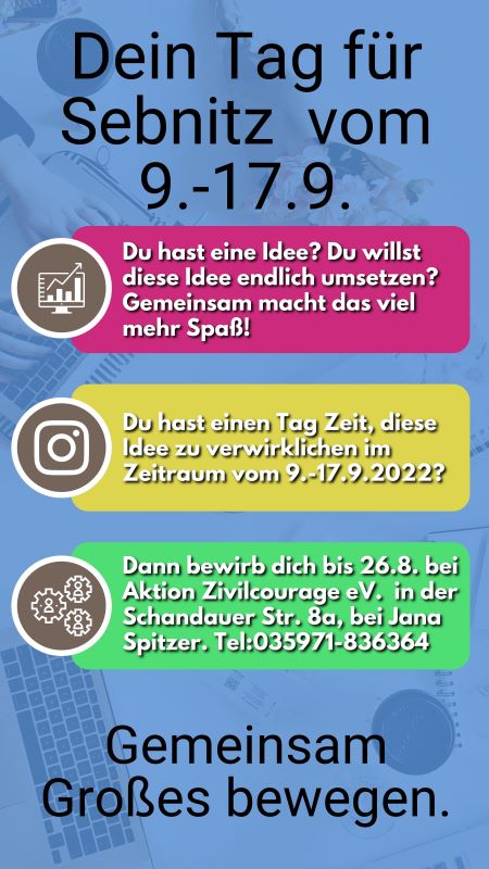 KI generiert: Das Bild bewirbt eine Veranstaltung in Sebnitz vom 9. bis 17. September, bei der man seine Ideen verwirklichen kann. Interessierte werden aufgefordert, sich bis zum 26. August mit ihrer Idee bei Aktion Zivilcourage e.V. zu bewerben.