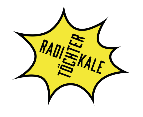 KI generiert: Das Bild zeigt einen gelben, sternförmigen Hintergrund mit der Aufschrift "RADICHTER TÖCHTERKALE" in schwarzer Schrift. Der Text ist zentral platziert und hebt sich deutlich vom Hintergrund ab.