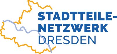 KI generiert: Das Bild zeigt das Logo des "Stadtteile-Netzwerk Dresden" mit einer Umrisslinie, die vermutlich die Stadt Dresden darstellt. Der Hauptinhalt ist der Name des Netzwerks in blauer Schrift.