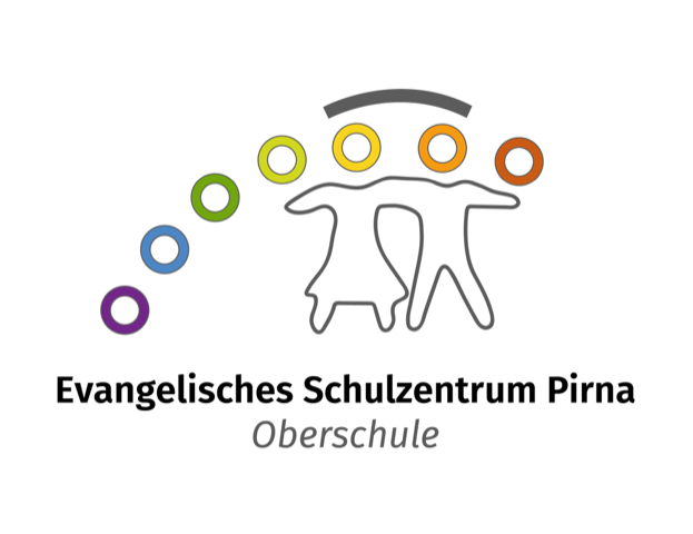 KI generiert: Das Bild zeigt das Logo des Evangelischen Schulzentrums Pirna Oberschule. Es enthält stilisierte Figuren unter einem Bogen, begleitet von bunten Kreisen, die eine dynamische und inklusive Gemeinschaft symbolisieren.